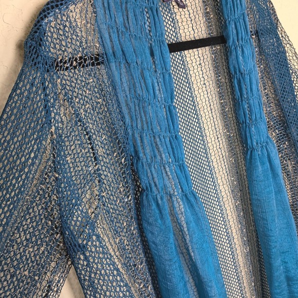 Vintage Lilly Blue Mesh Crinkle‎ Trim Cardigan Open Duster Boho Sheer Festival M - Picture 4 of 8